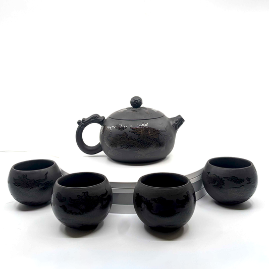 Dragon & Phoenix Color Changing Purple Clay Tea Set – Handmade Teapot (15 oz) with Built-In Strainer and 4 Cups (3.7 oz), Gift Box Set