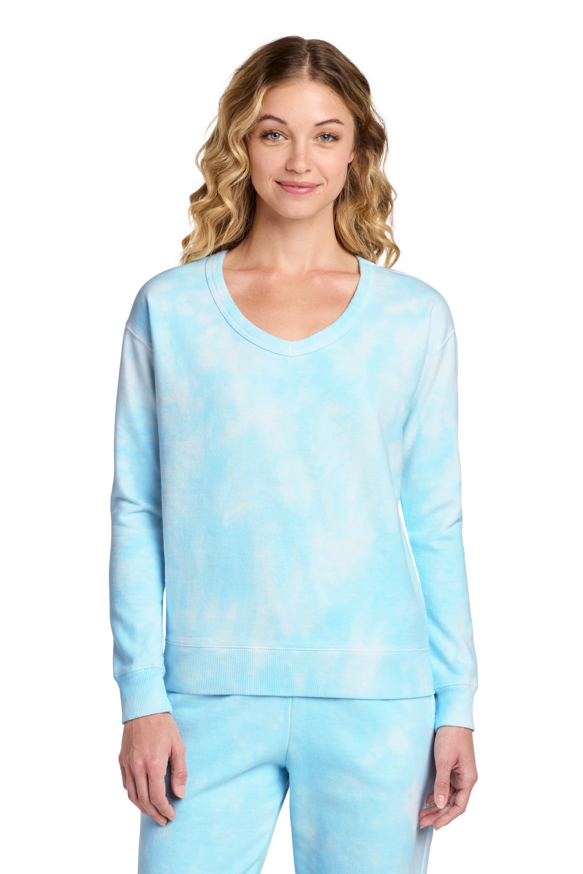 Port & Co™ Women's Beach Wash® Cloud Tie-Dye V-Neck Sweatshirt LPC140V