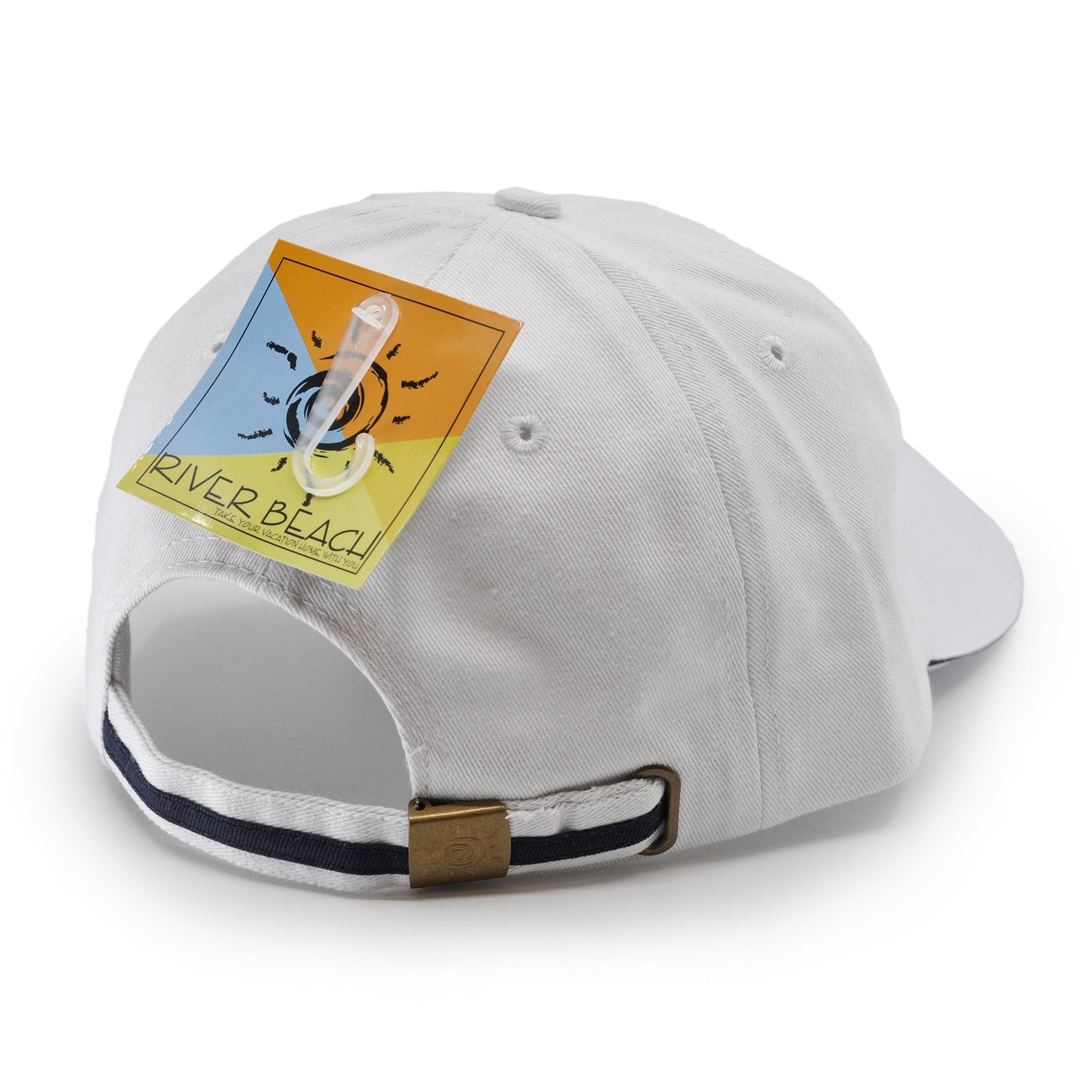 River Beach 100% cotton Unisex Sports Cap in color White. Back View showcasing buckle enclosure.