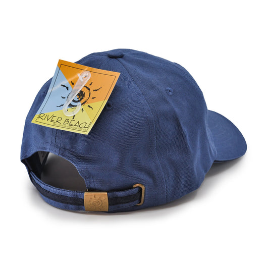 River Beach 100% cotton Unisex Sports Cap in color Blue. Back View showcasing buckle enclosure.
