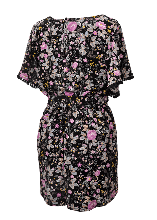 Young USA Casual Spring Romper with Front Tie in Floral Pink. Back View.