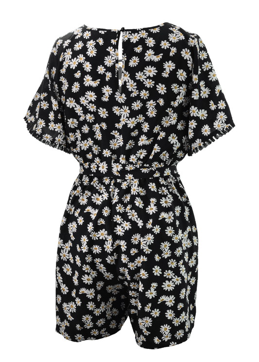 Young USA Casual Spring Romper with Front Tie in Daisies. Back View.