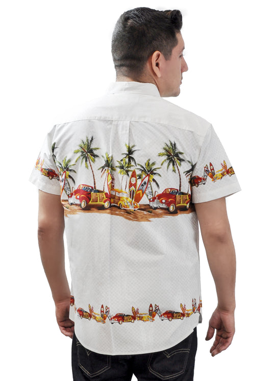 Model wearing High Surf Men's Hawaiian Shirt depicting Palm Trees, Cars and Surfboards in White. Back View.