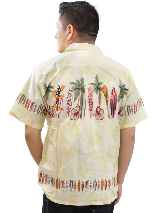 Model wearing High Surf Men's Hawaiian Shirt depicting Palm Trees, Cars and Surfboards in Yellow. Front View.