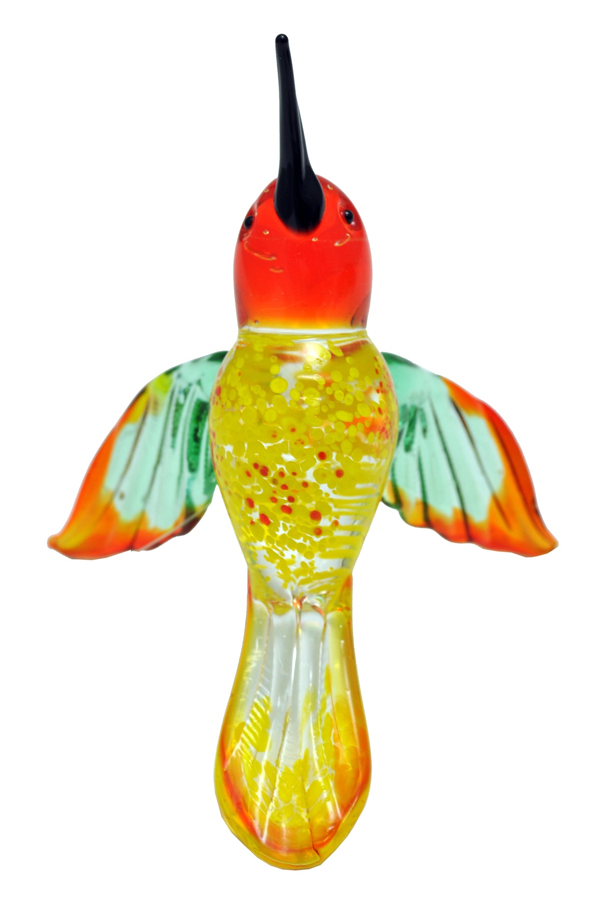 Crystal Castle Glass Hummingbird in Red, Green, and Yellow bottom view.