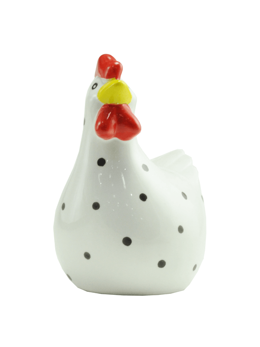 Crystal Castle® Ceramic Chicken Piggy money bank in white with black polka-dots. Has red and yellow accents.