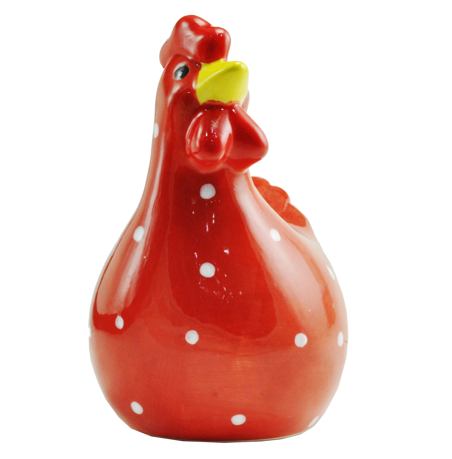Crystal Castle® Ceramic Chicken Piggy money bank in red with white polka-dots. Has red and yellow accents.