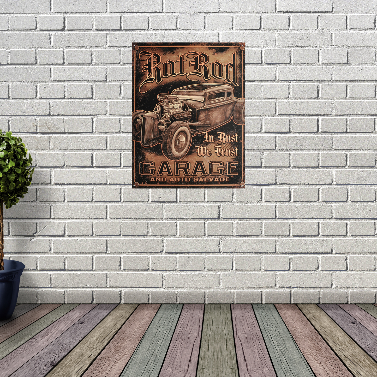 Vintage Poster Hot Rod Garage Vintage Print that Says, "Hot Rod, in Rust We Trust, Garage and auto salvage" in a rusty print finish. on a wall for scale.