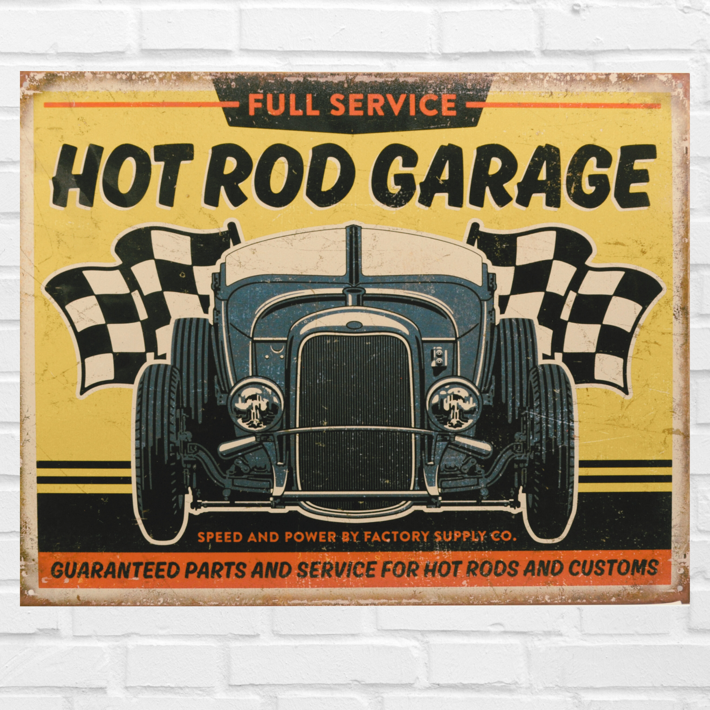 Vintage Poster Print that says "Full service Hot Rod Garage, Guaranteed part and service for hot rods and customs" with a vintage car in the middle. 