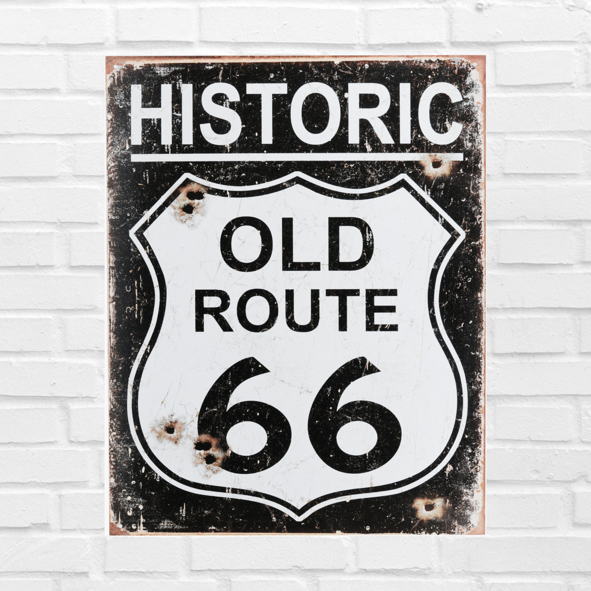 Vintage Poster that says "Historic Old Route 66" with rusty distressed look.