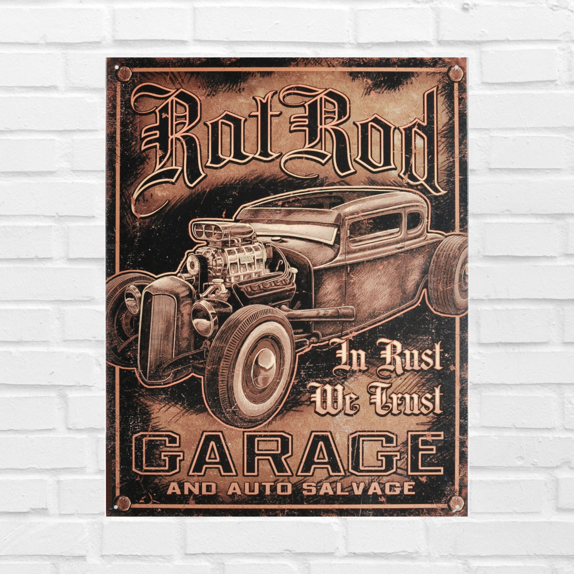 Vintage Poster Hot Rod Garage Vintage Print that Says, "Hot Rod, in Rust We Trust, Garage and auto salvage" in a rusty print finish.