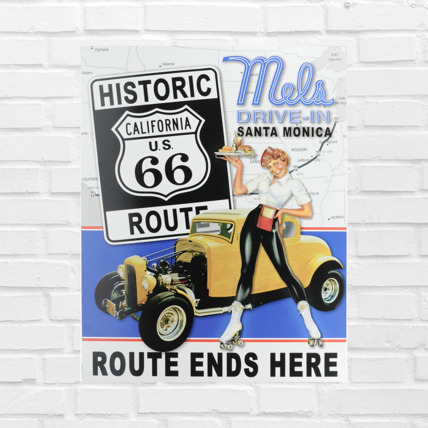 Vintage Poster Hot Rod Garage That says "Mel's Drive-in Santa Monica Historic California Route 66. Route ends here" with a yellow car and Diner waitress.