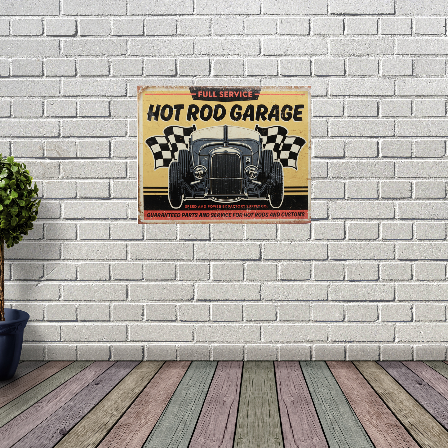 Vintage Poster Print that says "Full service Hot Rod Garage, Guaranteed part and service for hot rods and customs" with a vintage car in the middle. On wall for scale.