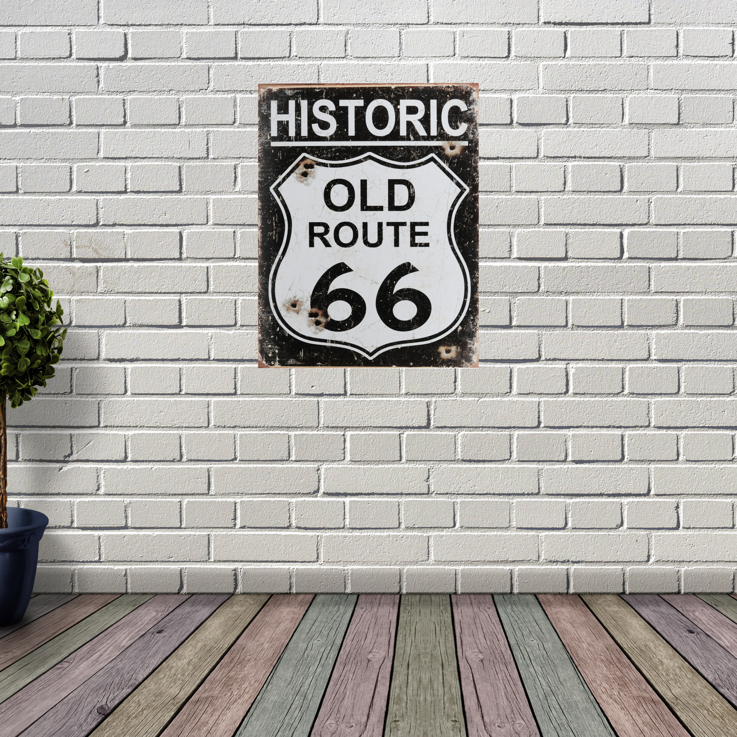 Vintage Poster that says "Historic Old Route 66" with rusty distressed look. On a wall for scale