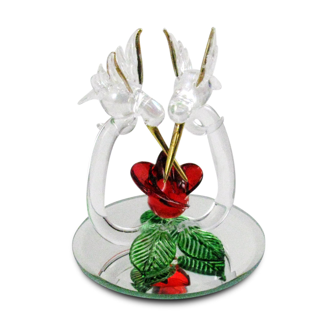 Crystal Castle Pair of Hummingbirds over a green and red rose with a mirror base.
