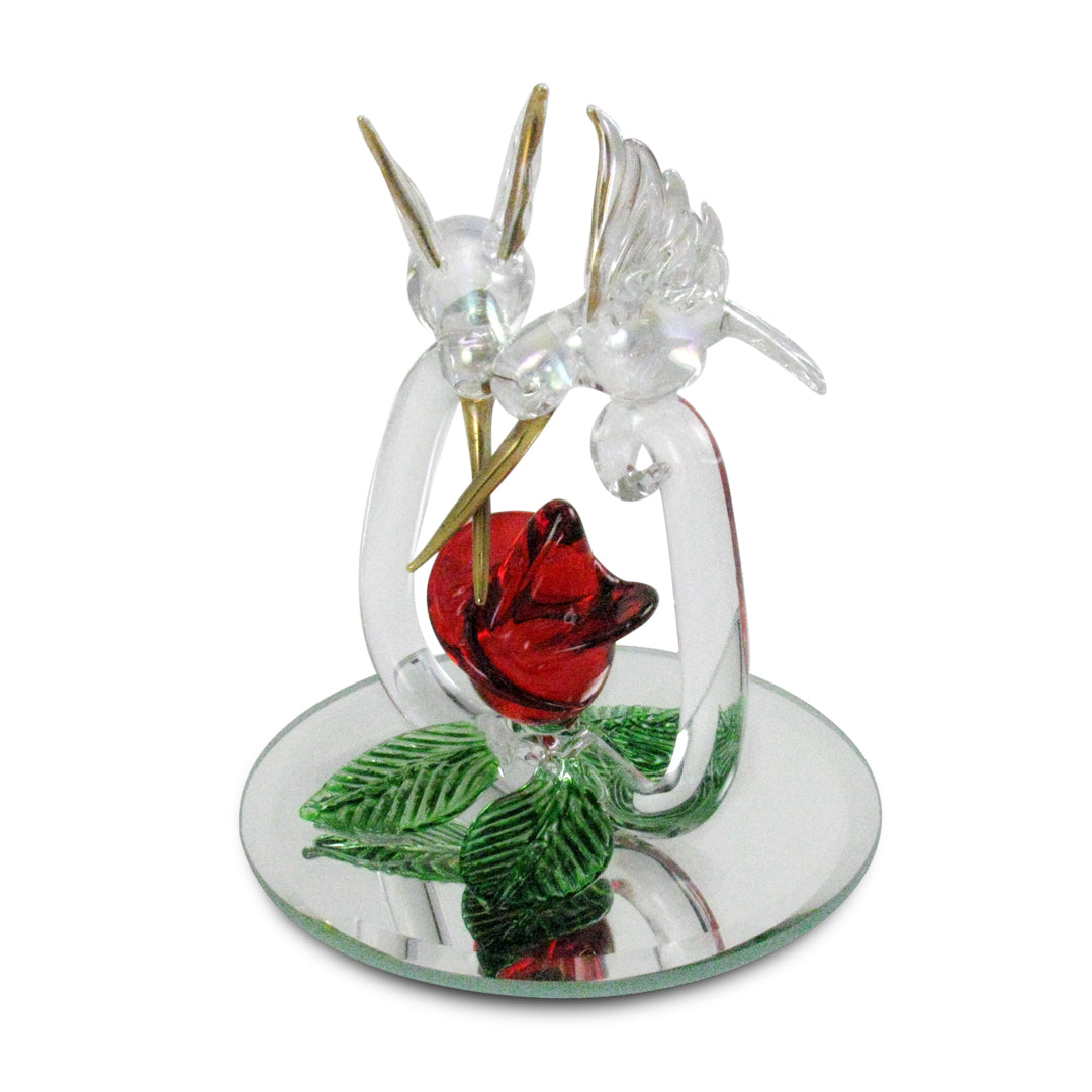 Crystal Castle Pair of Hummingbirds over a green and red rose with a mirror base. Back Side View.