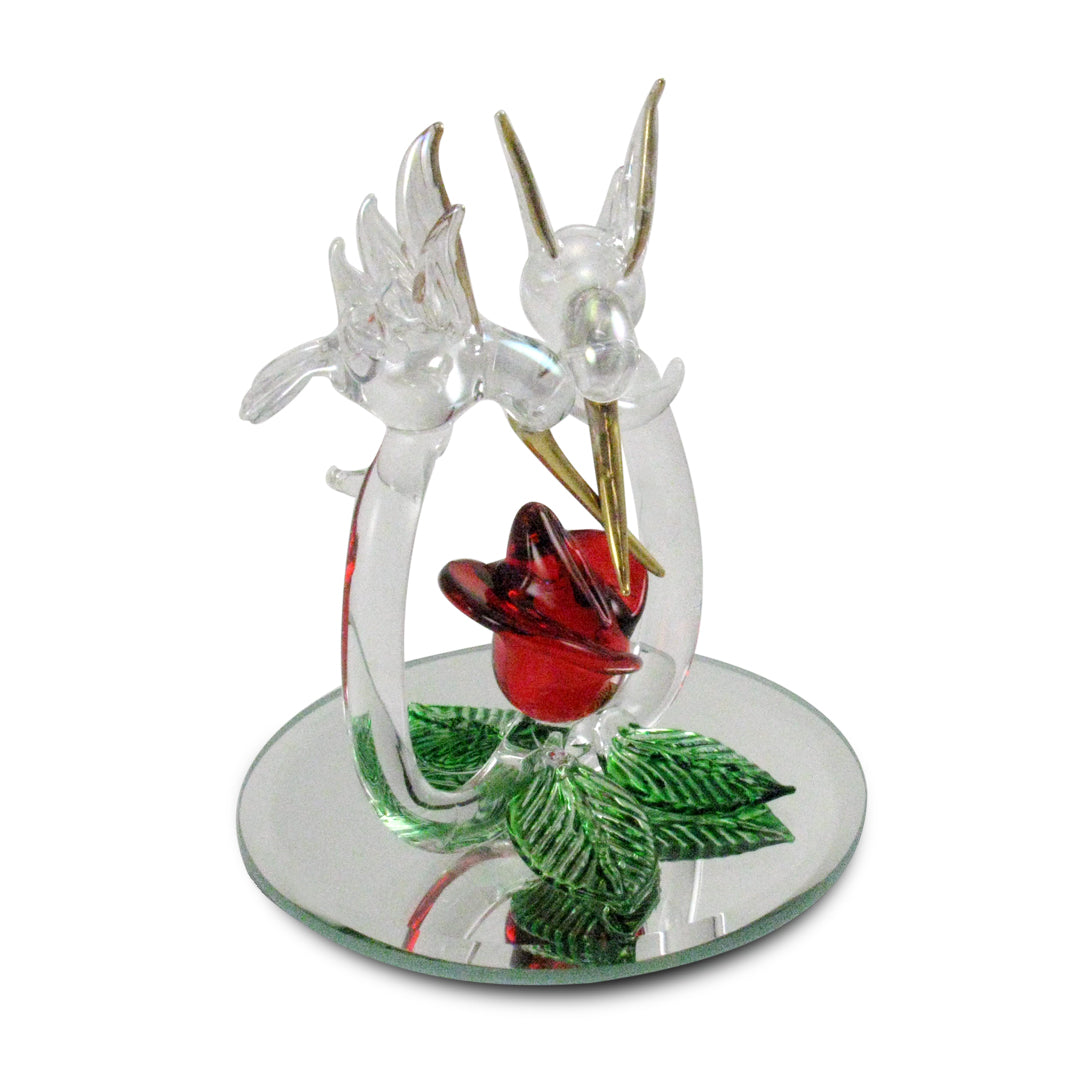 Crystal Castle Pair of Hummingbirds over a green and red rose with a mirror base. Front Side View.