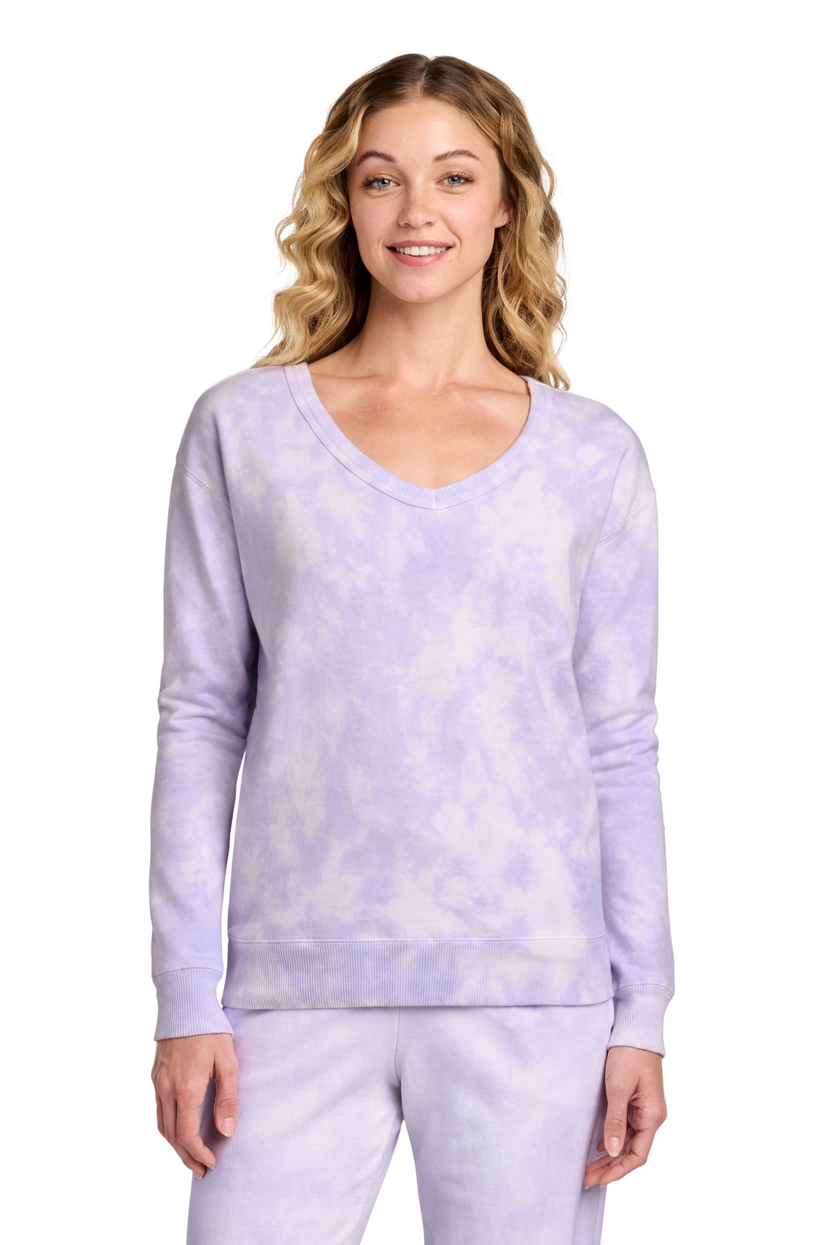 Port & Co™ Women's Beach Wash® Cloud Tie-Dye V-Neck Sweatshirt LPC140V