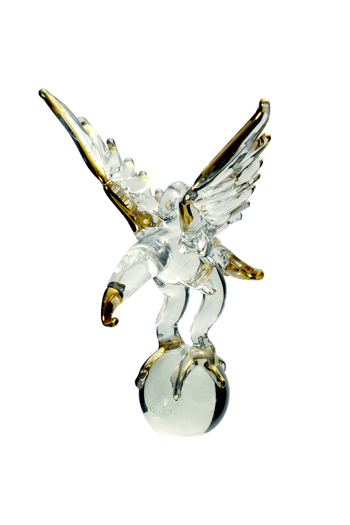 Crystal Castle Glass Eagle with gold trim details on beak, wings and tail. on a crystal ball. Front View.