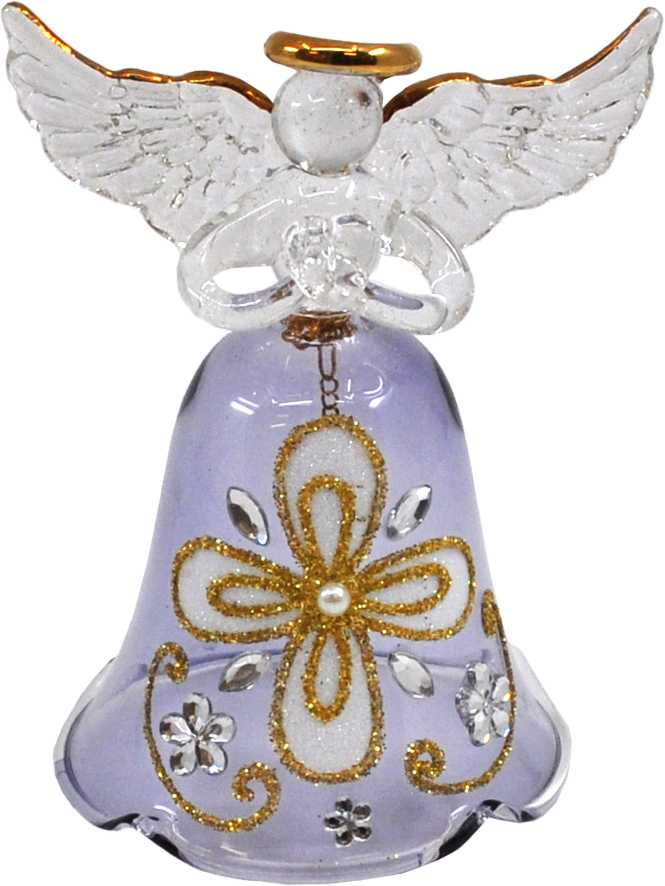Crystal Castle Small Purple Color Angel Bell with Glittery Gold Details and Decorative Stone Designs.