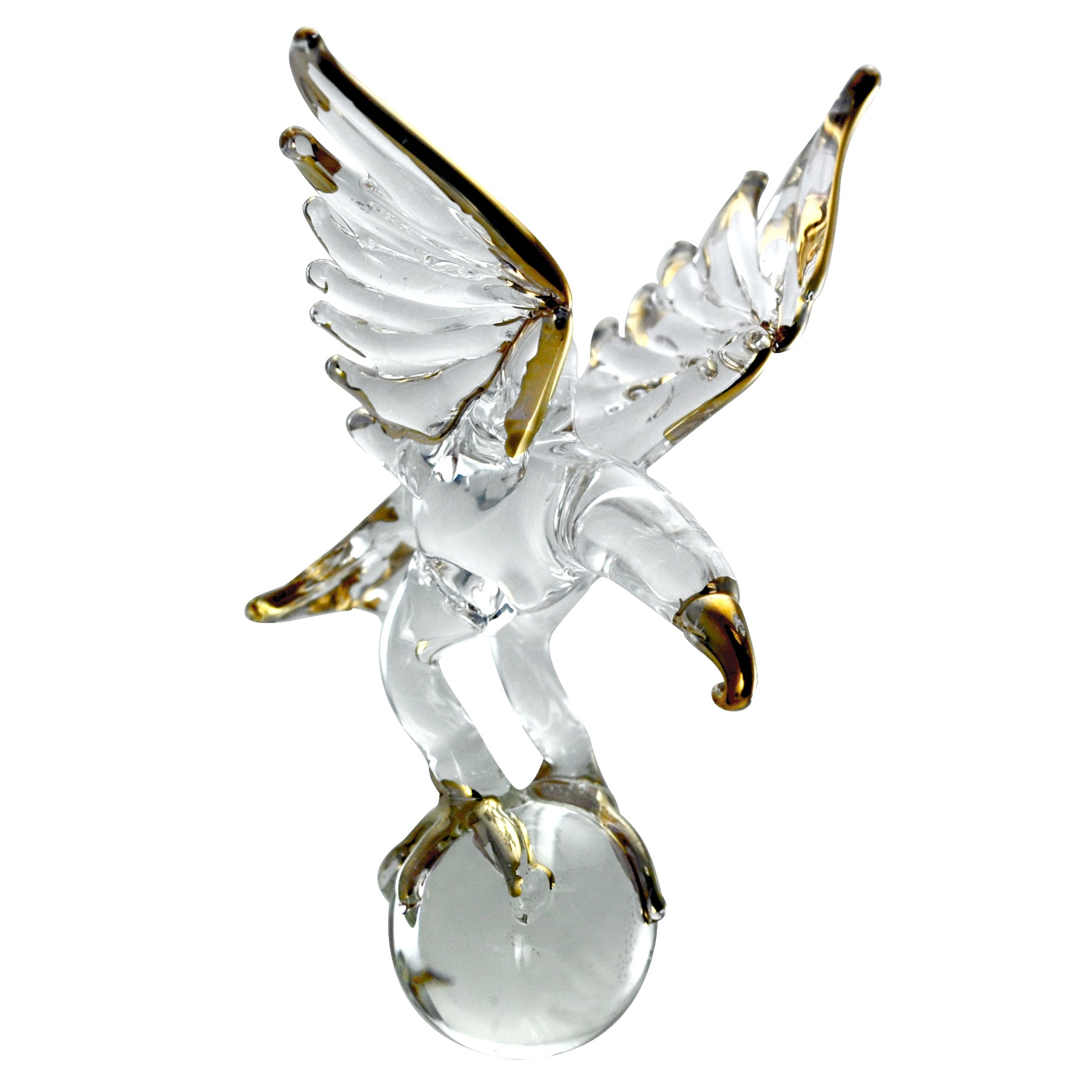 Crystal Castle Glass Eagle with gold trim details on beak, wings and tail. on a crystal ball. Front Side View.