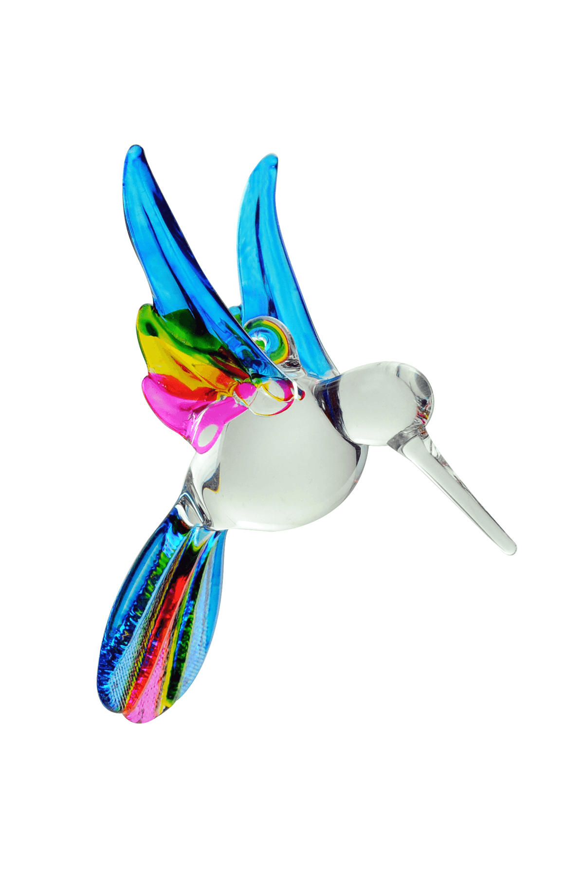 Crystal Castle Glass Multi-Colored Hummingbird ornament in Blue with Yellow and Pink accents.