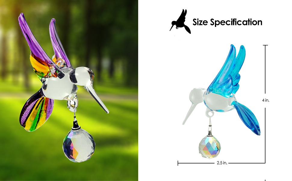 Crystal Castle Glass Multi- Colored Hummingbird ornament in Purple with sizing. 4 inches in length and 2.5 inches wide.