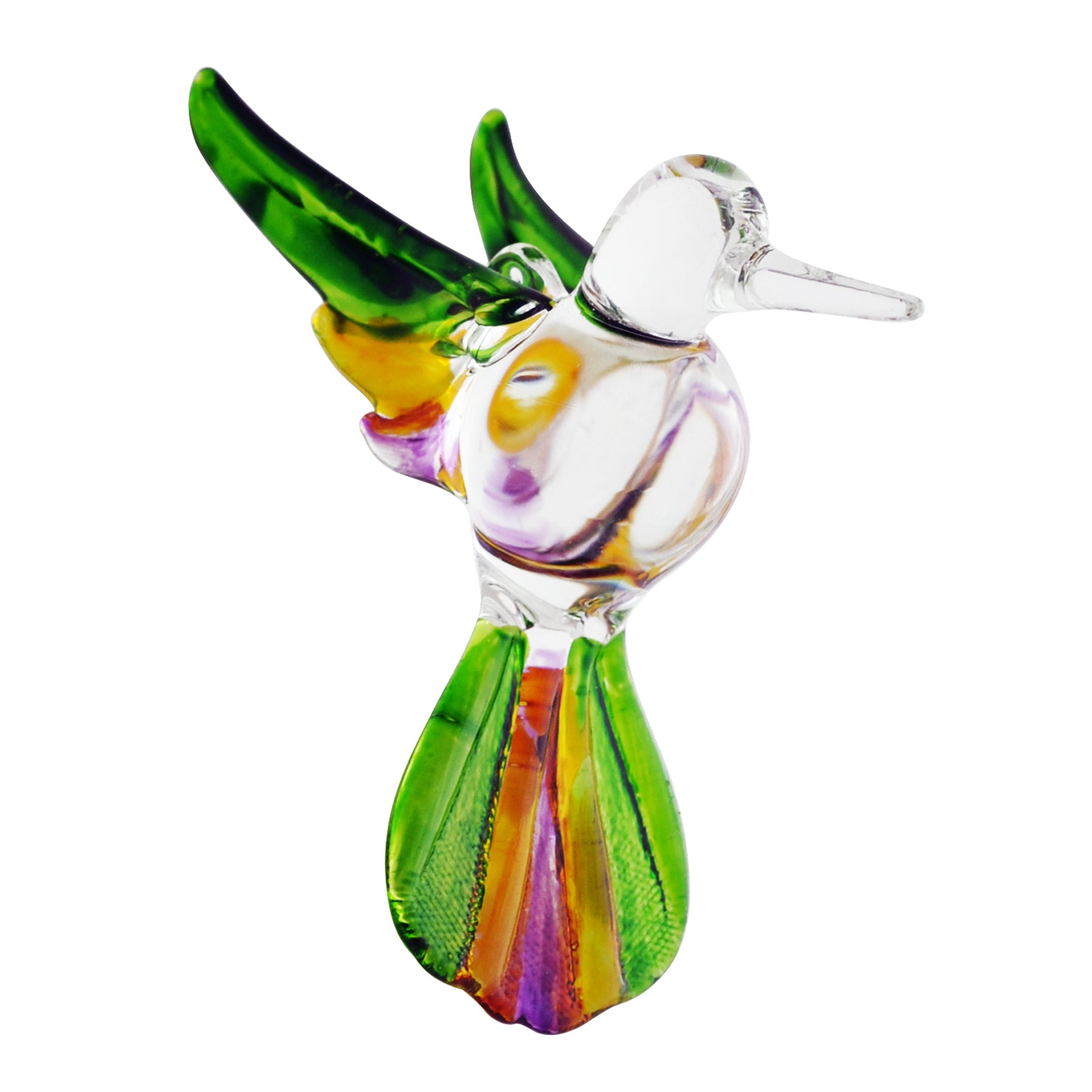 Crystal Castle Glass Multi-Colored Hummingbird ornament in Green with Yellow and Purple accents.