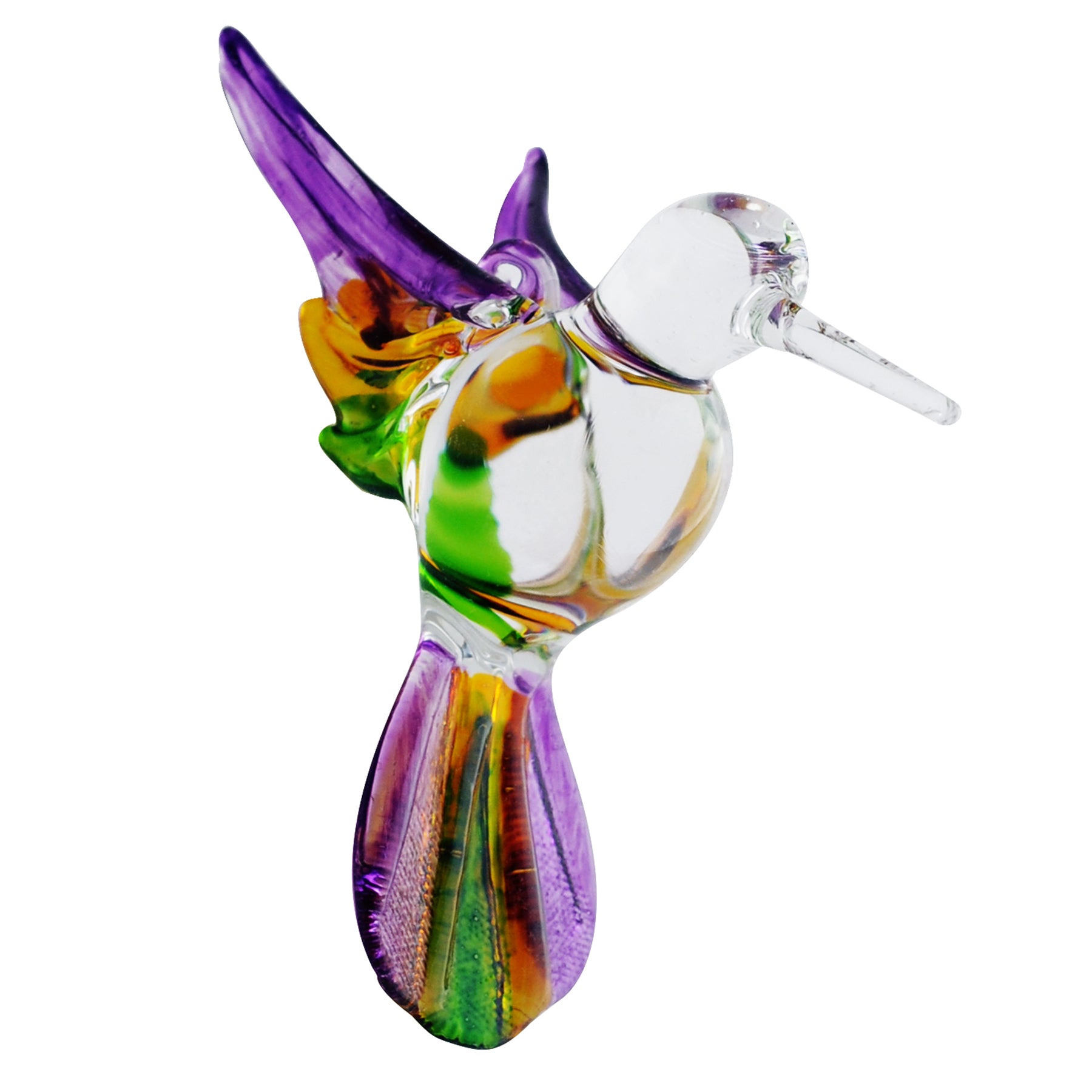 Crystal Castle Glass Multi-Colored Hummingbird ornament in Purple with Yellow and Green accents.