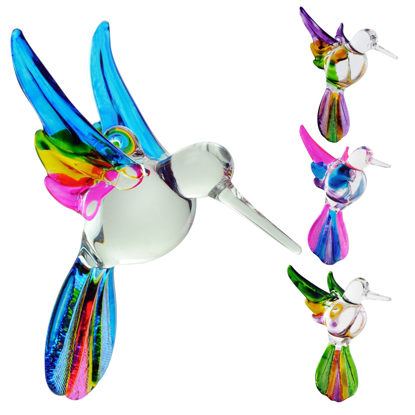 Crystal Castle Glass Multi-Colored Hummingbird ornaments in all 4 color variations. 
