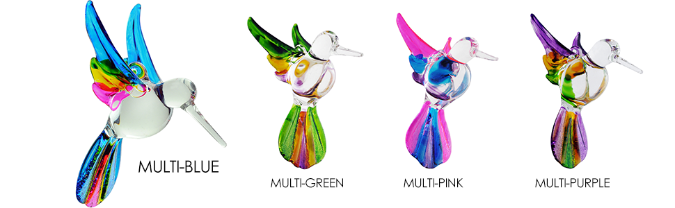 Crystal Castle Glass Multi-Colored Hummingbird ornaments in all color variations with a small crystal ball ornament.