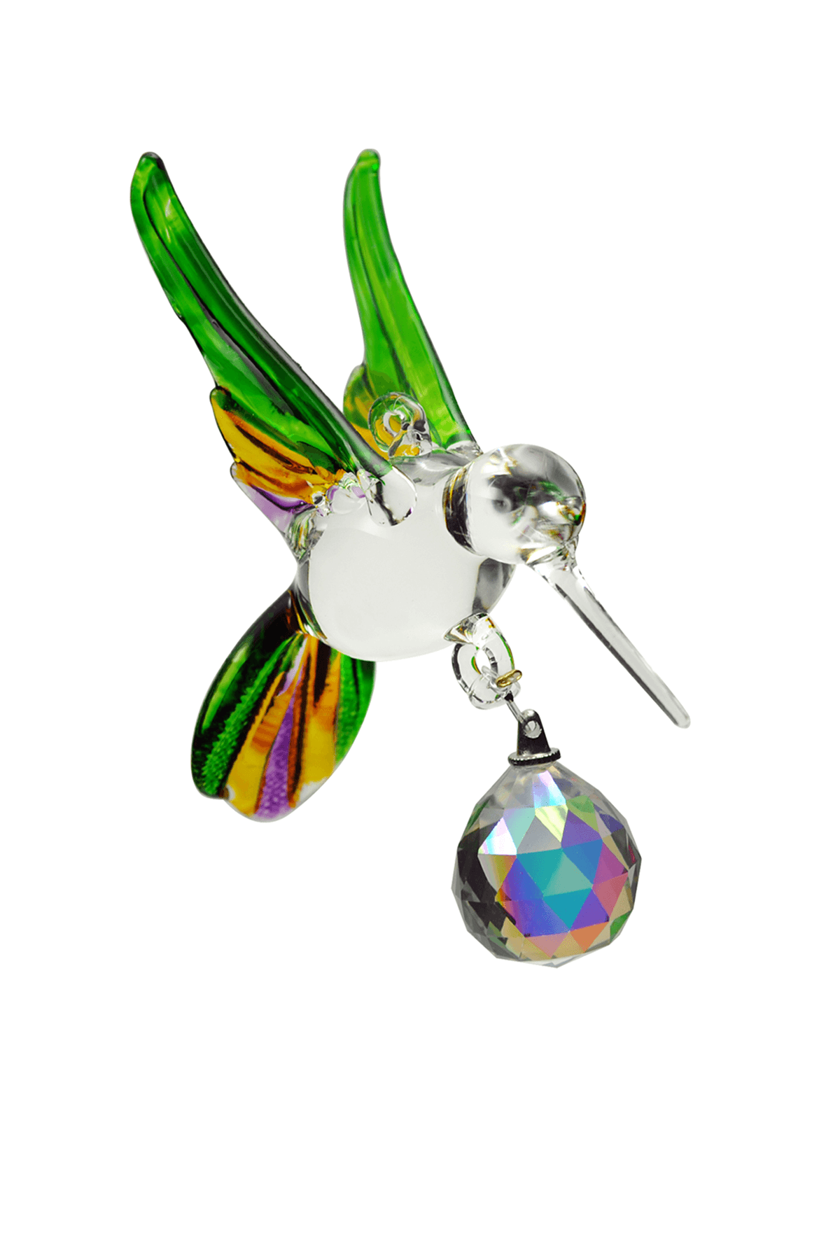 Crystal Castle Glass Multi-Colored Hummingbird ornament in Green with Yellow and Purple accents and a small crystal ball ornament.
