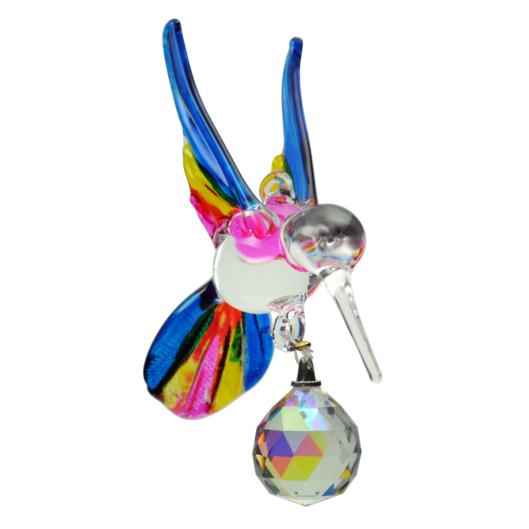 Crystal Castle Glass Multi-Colored Hummingbird ornament in Blue with Yellow and Pink accents and a small crystal ball ornament.
