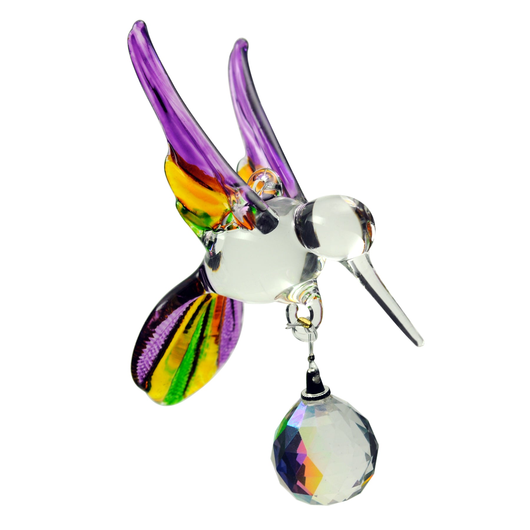 Crystal Castle Glass Multi-Colored Hummingbird ornament in Purple with Yellow and Green accents and a small crystal ball ornament.