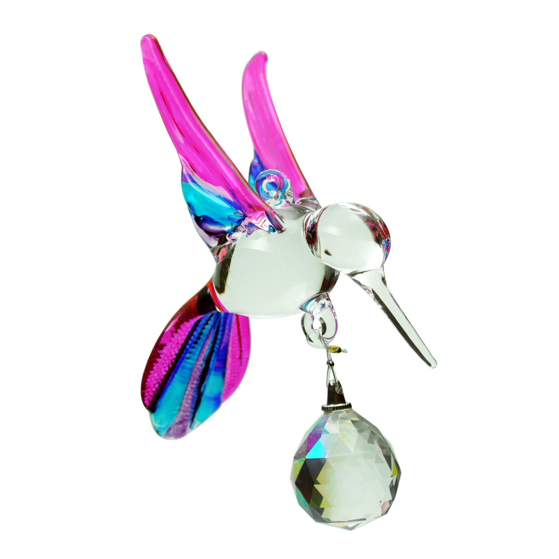 Crystal Castle Glass Multi-Colored Hummingbird ornament in Pink with Blue and Purple accents and a small crystal ball ornament.