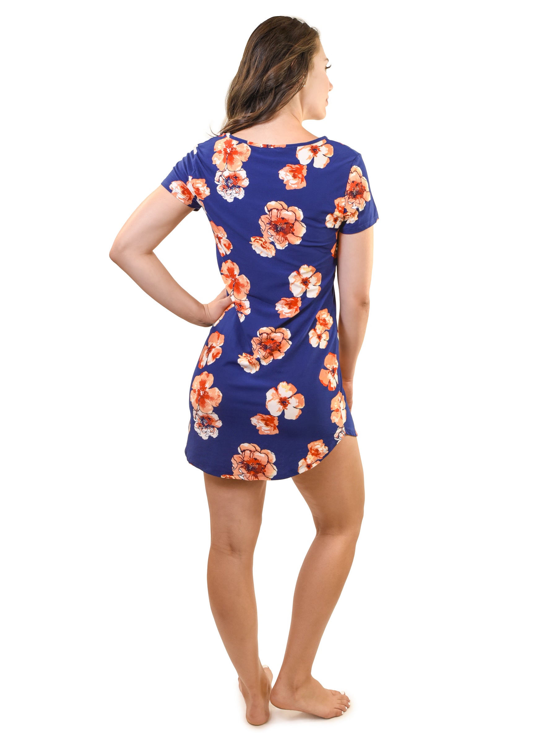 Young USA® Women's Comfy T-Shirt Dress in Navy with Orange Flowers