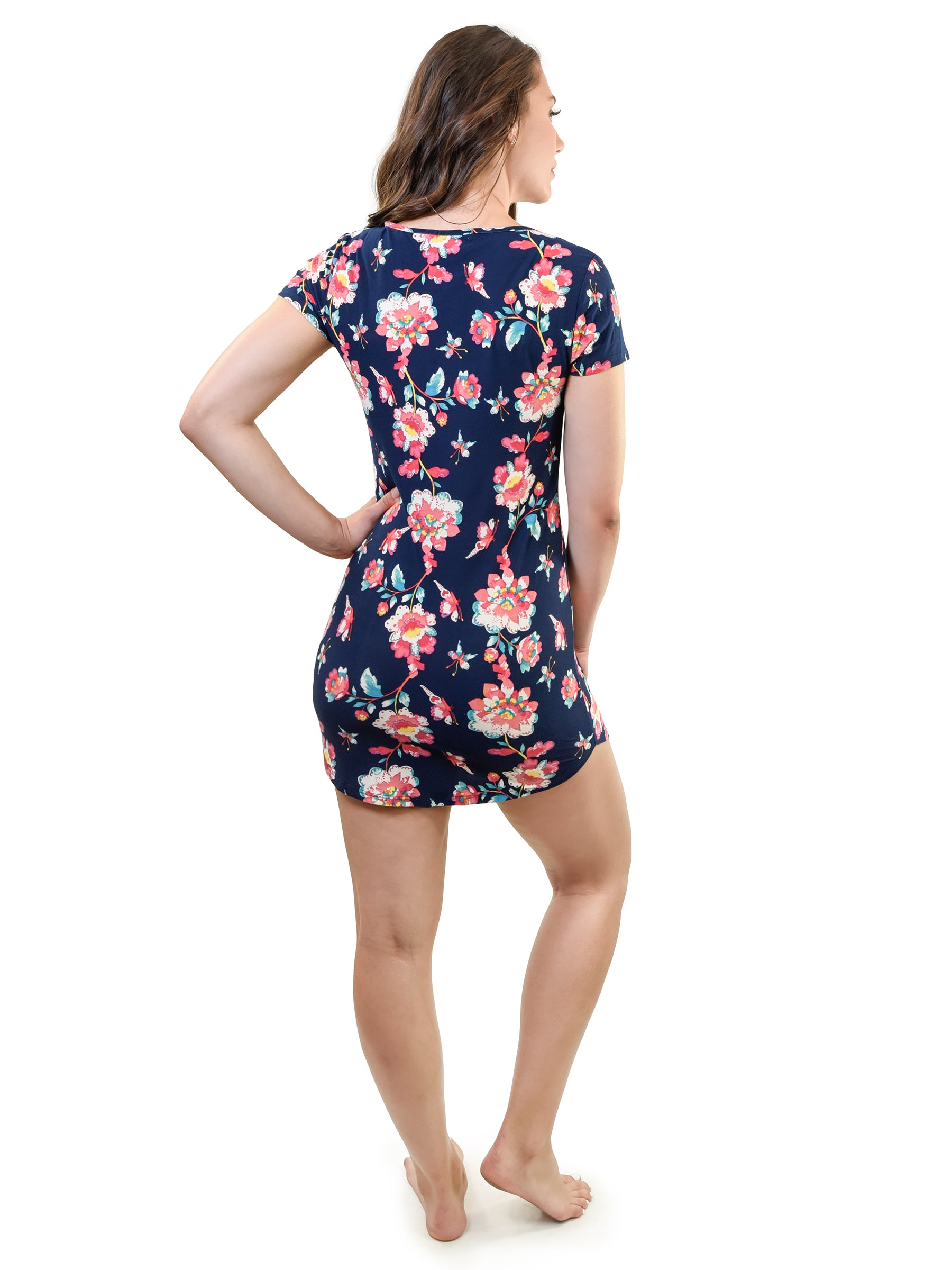 Young USA® Women's Comfy T-Shirt Dress in Navy with Pink Flowers