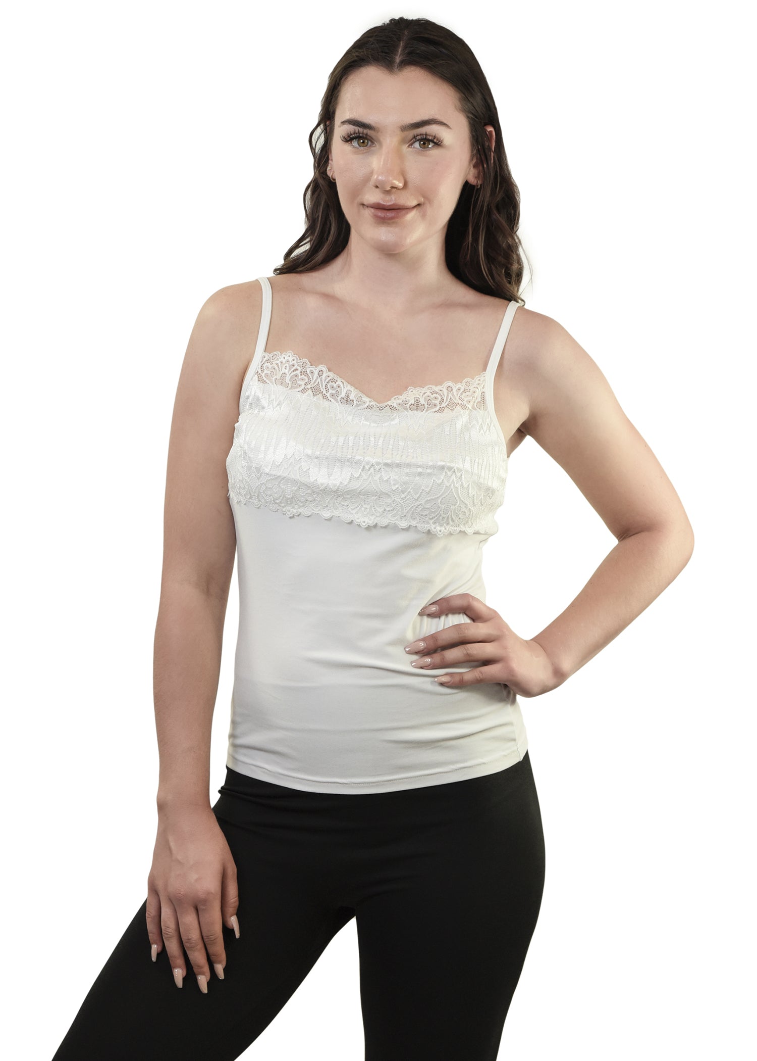 Model Wearing Young USA Ladies Camisole front view - White