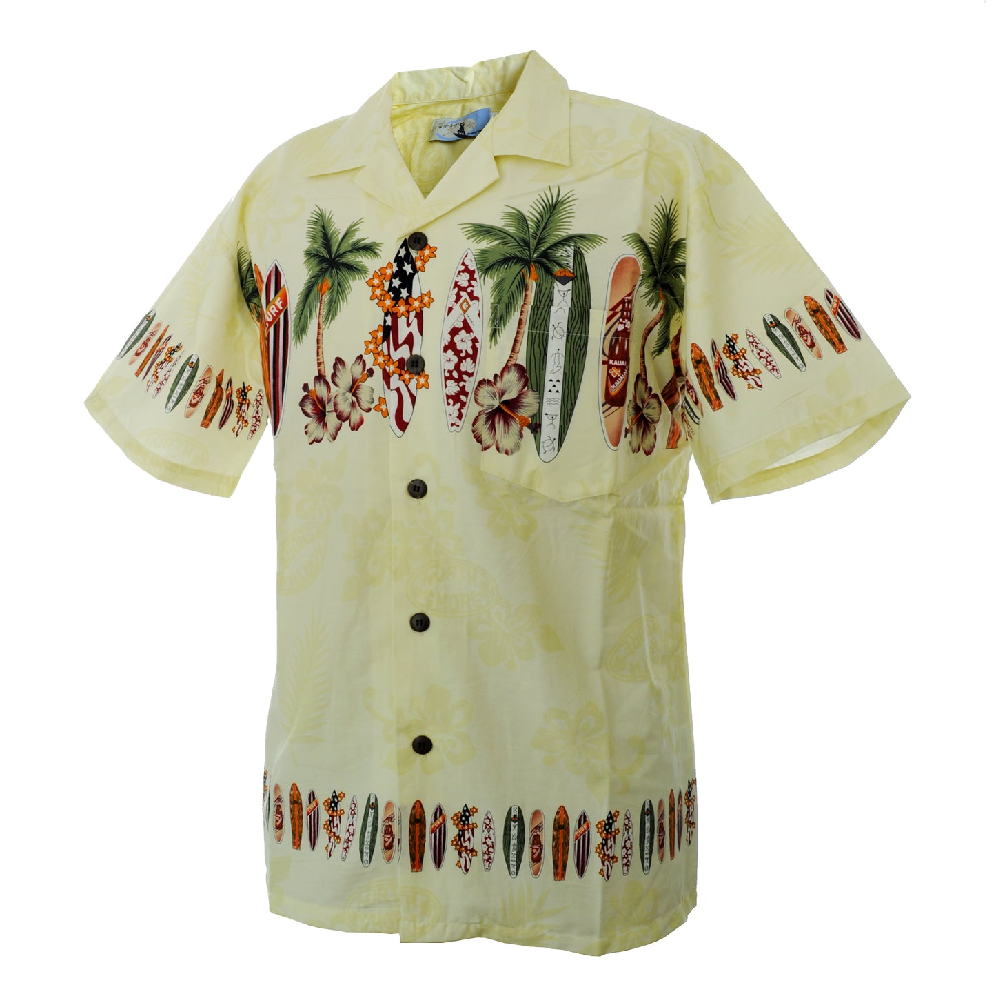 High Surf Men's Hawaiian Shirt depicting Palm Trees, Cars and Surfboards in Yellow. Front View.