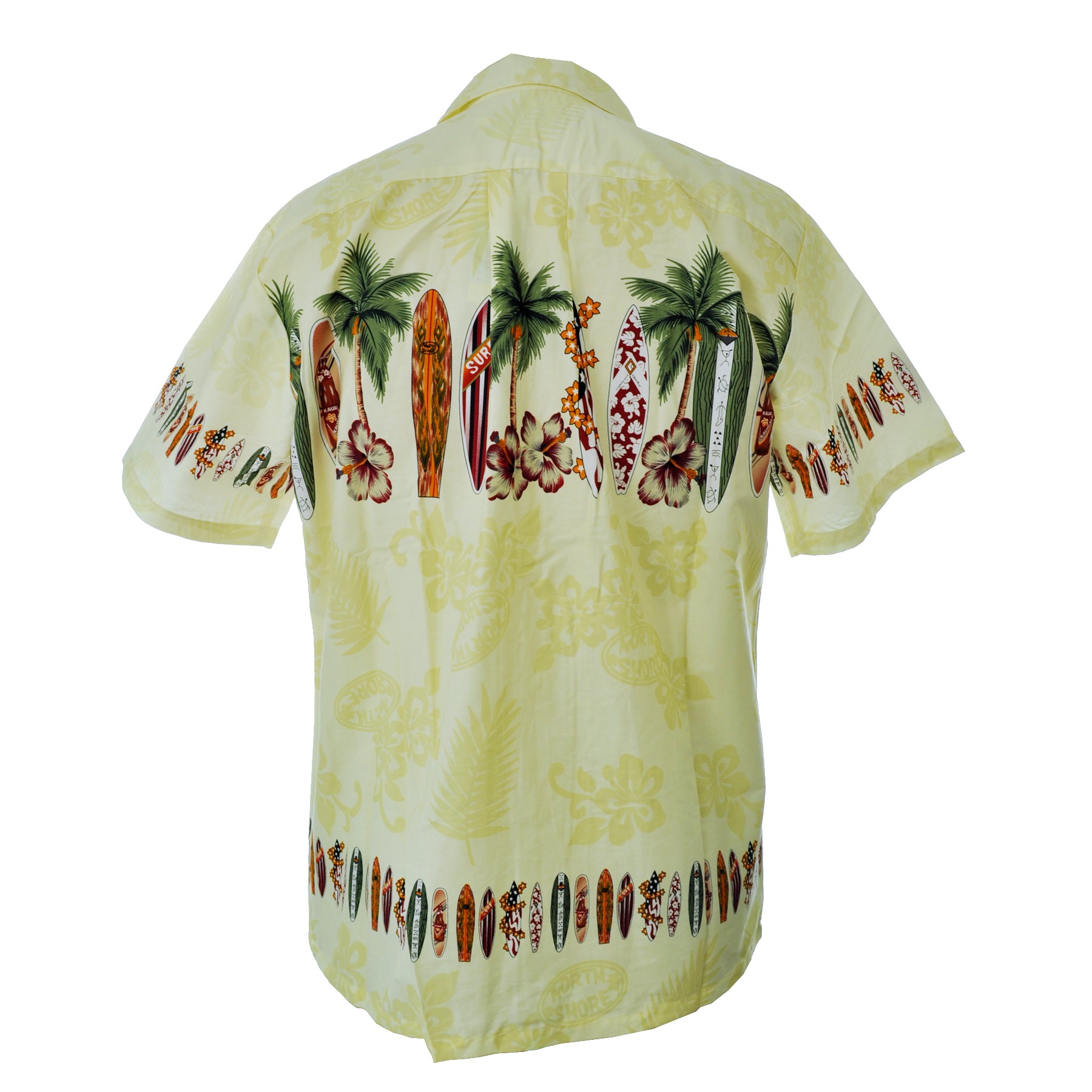 High Surf Men's Hawaiian Shirt depicting Palm Trees, Cars and Surfboards in Yellow. Back View.