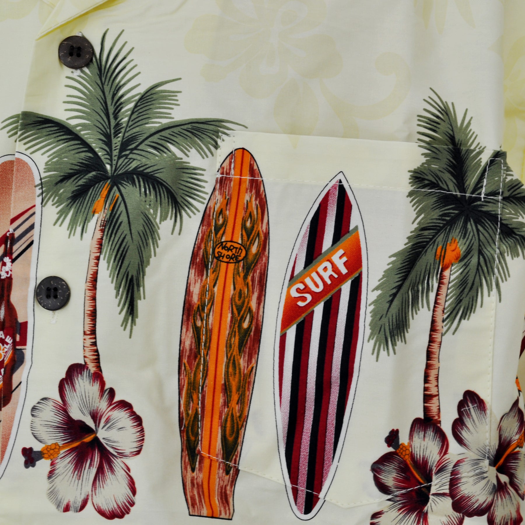 High Surf Men's Hawaiian Shirt depicting Palm Trees, Cars and Surfboards in Yellow. Close up of Design