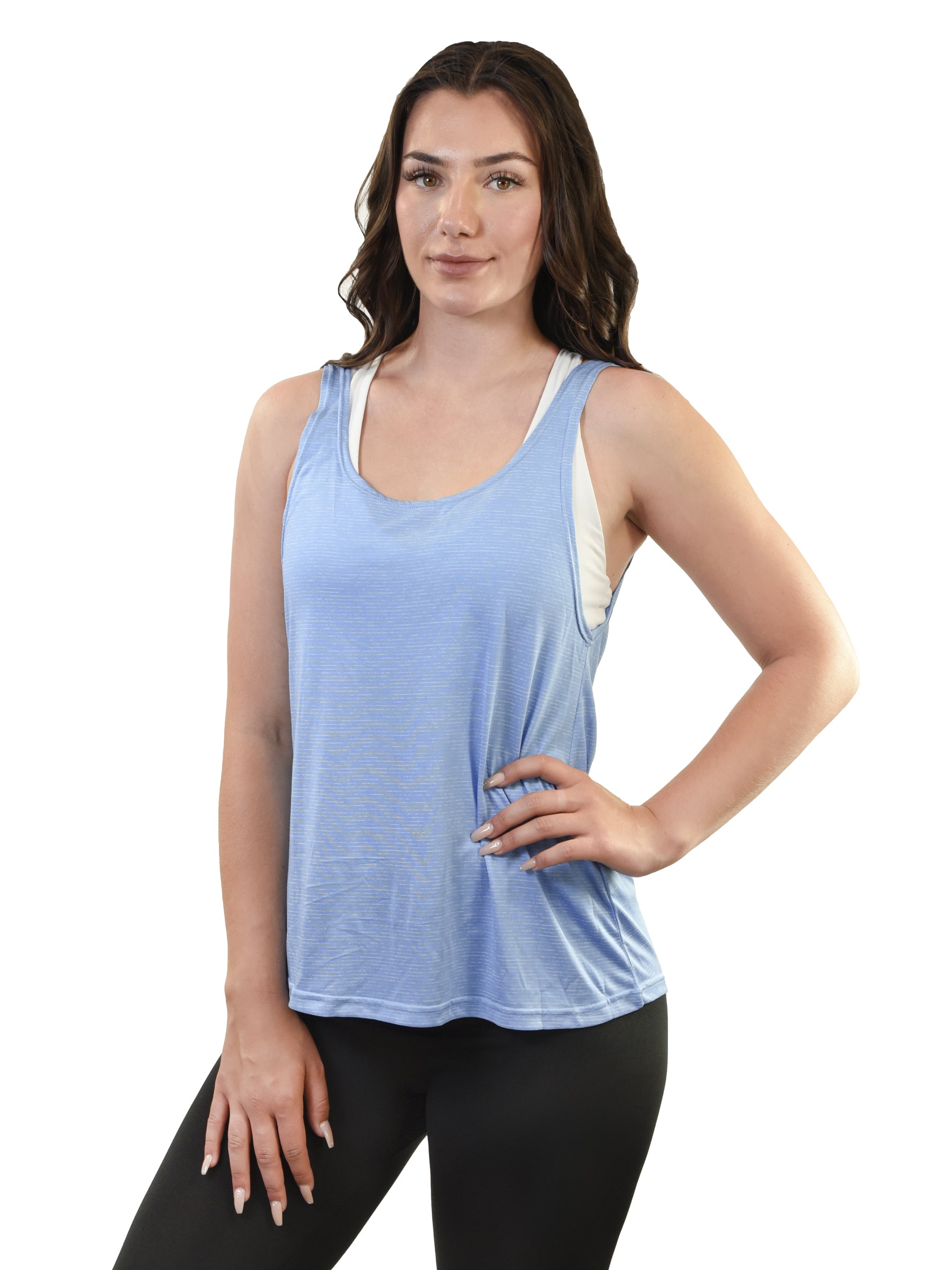 Model wearing Young USA Ladies Athletic Tank Top - Blue
