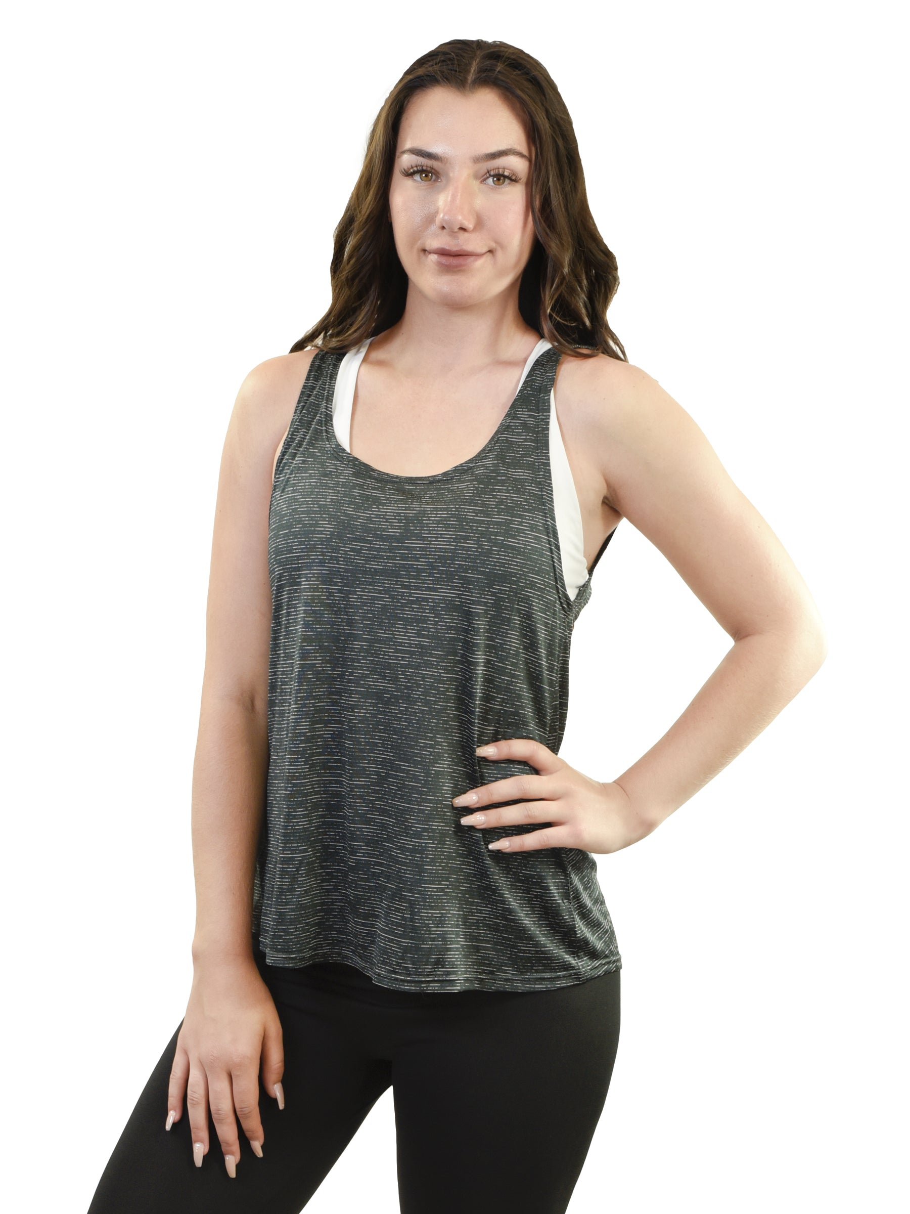 Model wearing Young USA Ladies Athletic Tank Top Front - Black