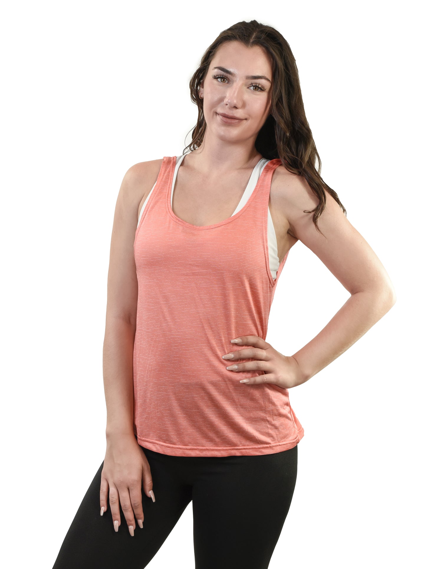 Model wearing Young USA Ladies Athletic Tank Top Front - Peach