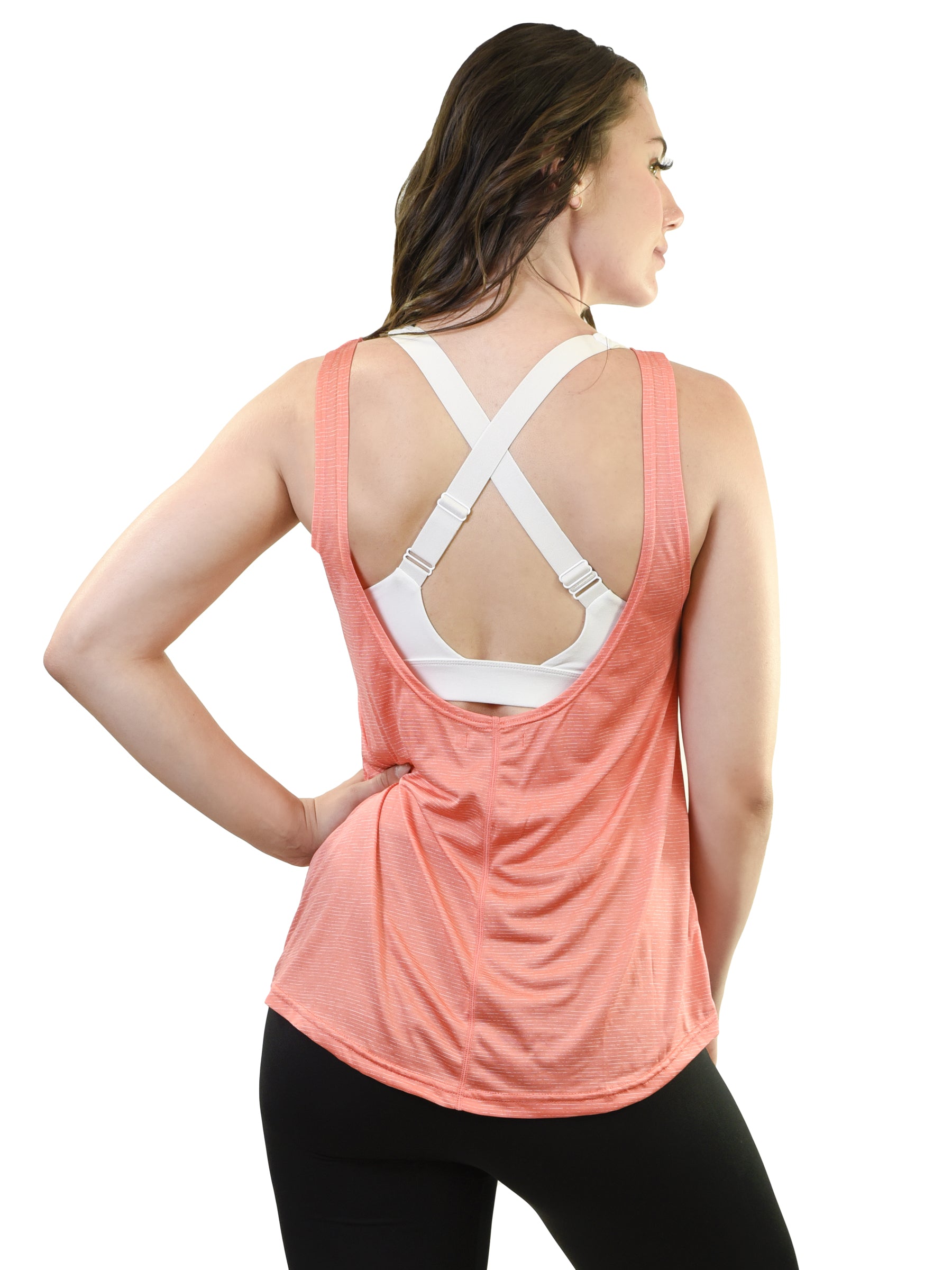 Model wearing Young USA Ladies Athletic Tank Top Back- Peach