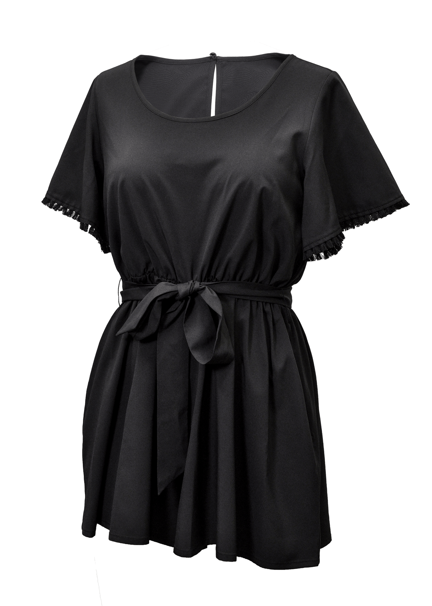 Young USA Casual Spring Romper with Front Tie in Black. Front View.