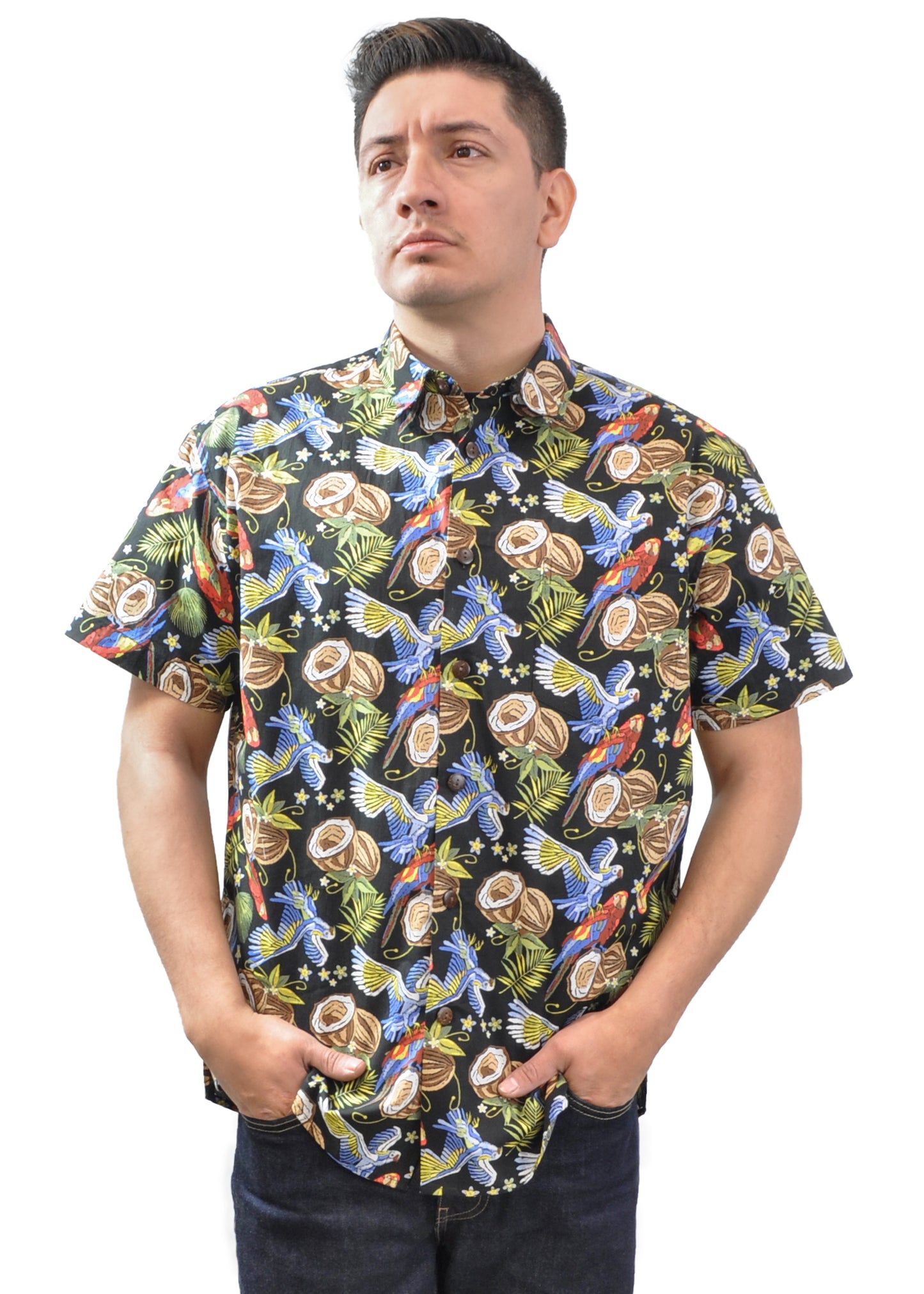 Men's Hawaiian Shirt, Palm Trees, Parrots and Coconuts