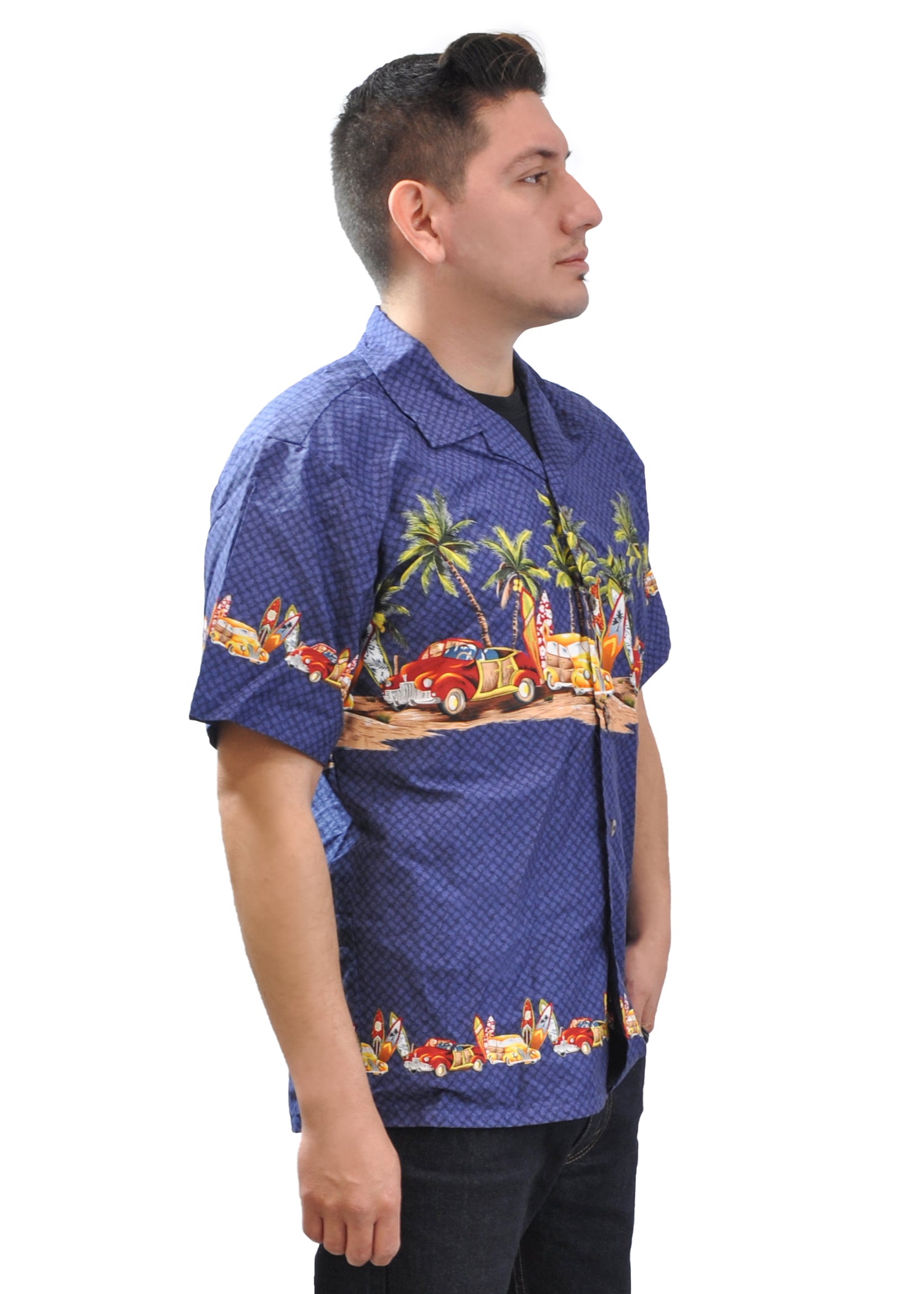 Men's Hawaiian Shirt - Cars, Surfboards and Palm Trees