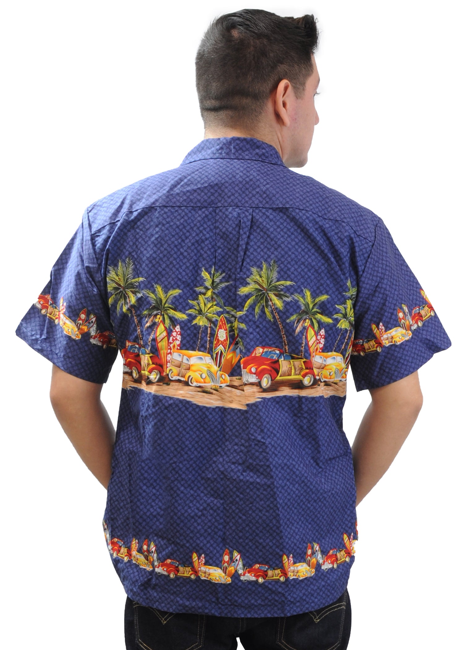 Men's Hawaiian Shirt - Cars, Surfboards and Palm Trees