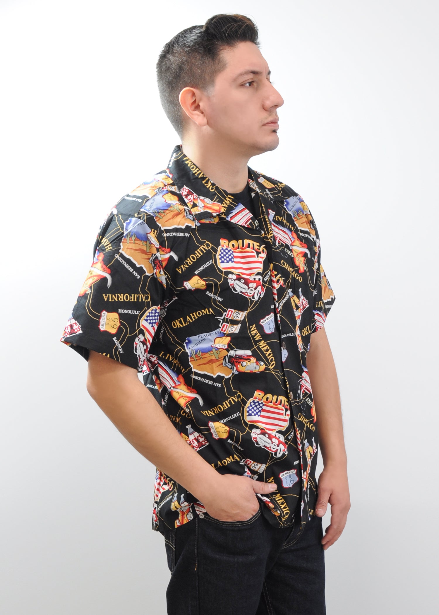 Men's Hawaiian Shirt - Cars, Surfboards and Palm Trees